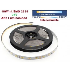 Tira LED 5 mts Flexible 24V 90W 600 Led SMD 2835 IP20 CCT 2700K a 6500K Alta Luminosidad